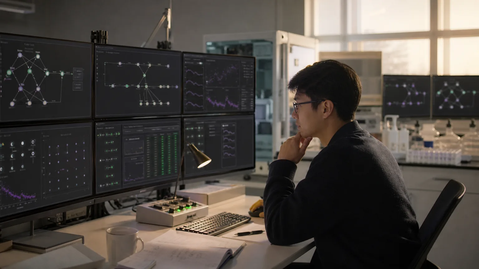Research engineer reviewing automated experiment lineage